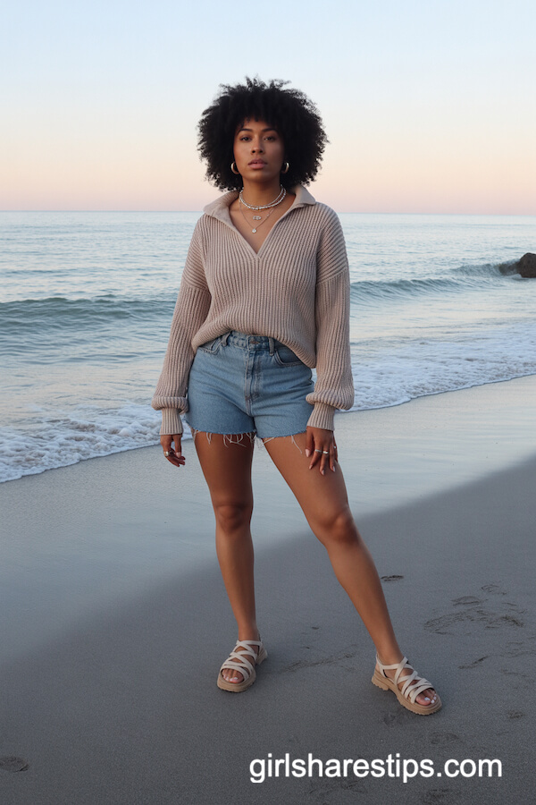 Chunky Knit Sweater with Denim Shorts