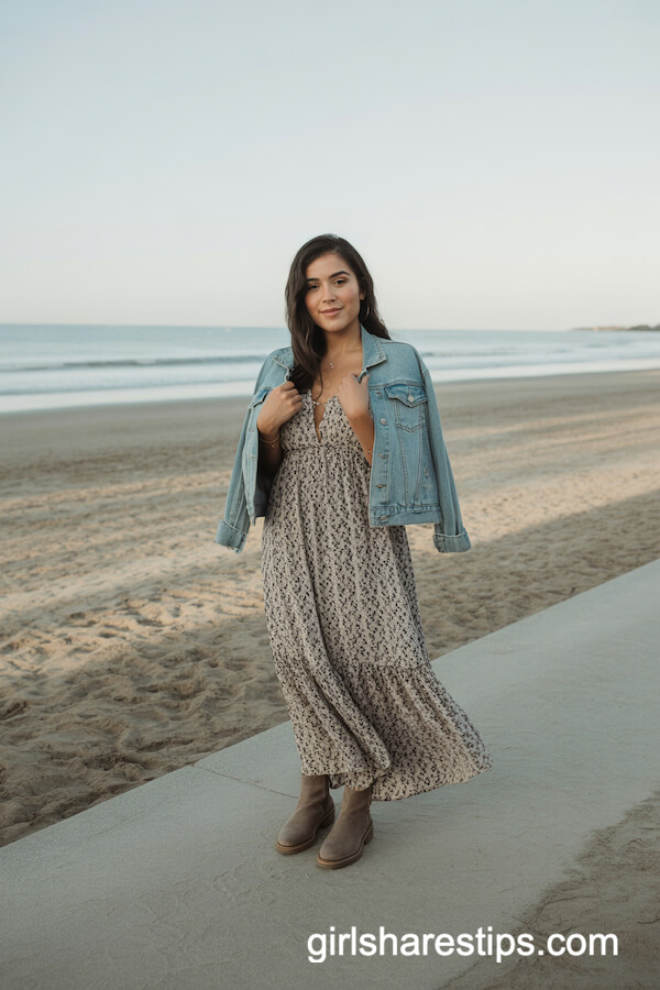 Boho Print Maxi Dress with Denim Jacket