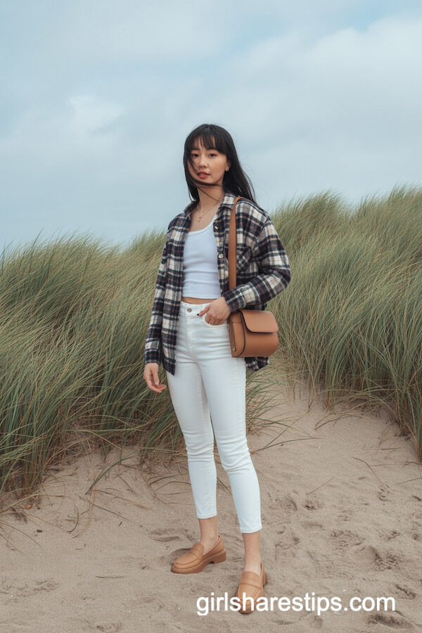 Plaid Flannel Shirt with White Jeans