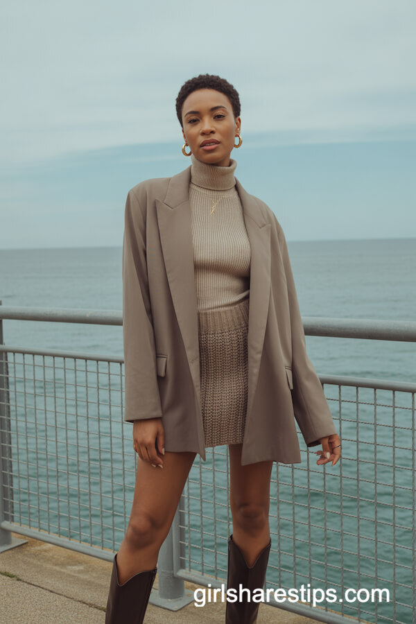 Oversized Blazer with Knit Mini Skirt