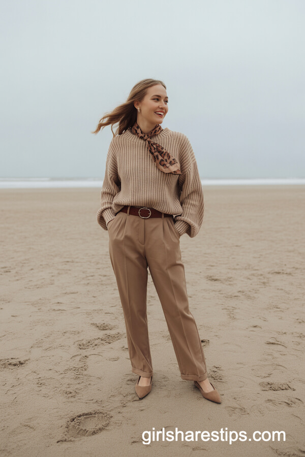 Neutral Knit Sweater with Camel Trousers