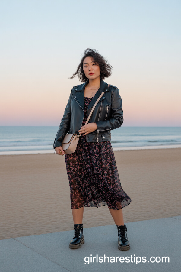 Leather Moto Jacket with Floral Midi Dress
