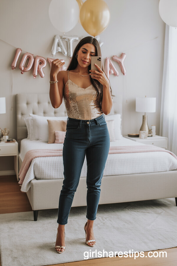 Gold Sequin Top with Dark Blue Jeans