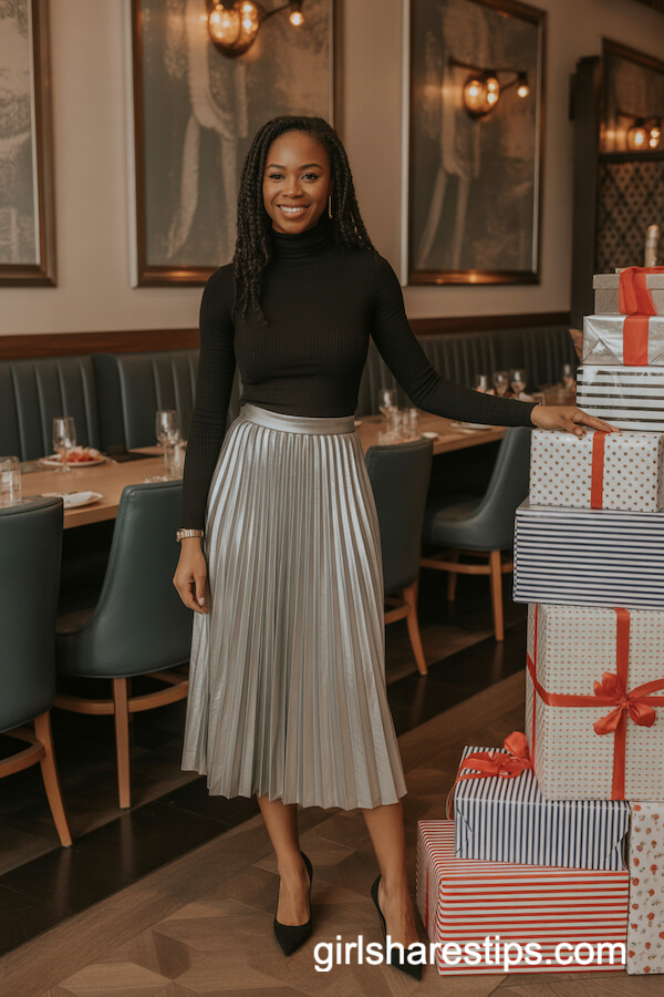 Metallic Silver Pleated Midi Skirt with Black Turtleneck