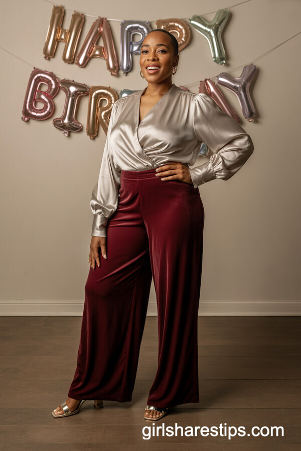 Wide-Legged Burgundy Velvet Pants with Silver Wrap Blouse