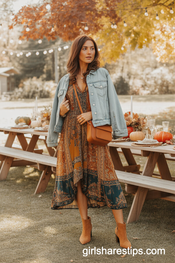 Bohemian Printed Midi Dress with Denim Jacket