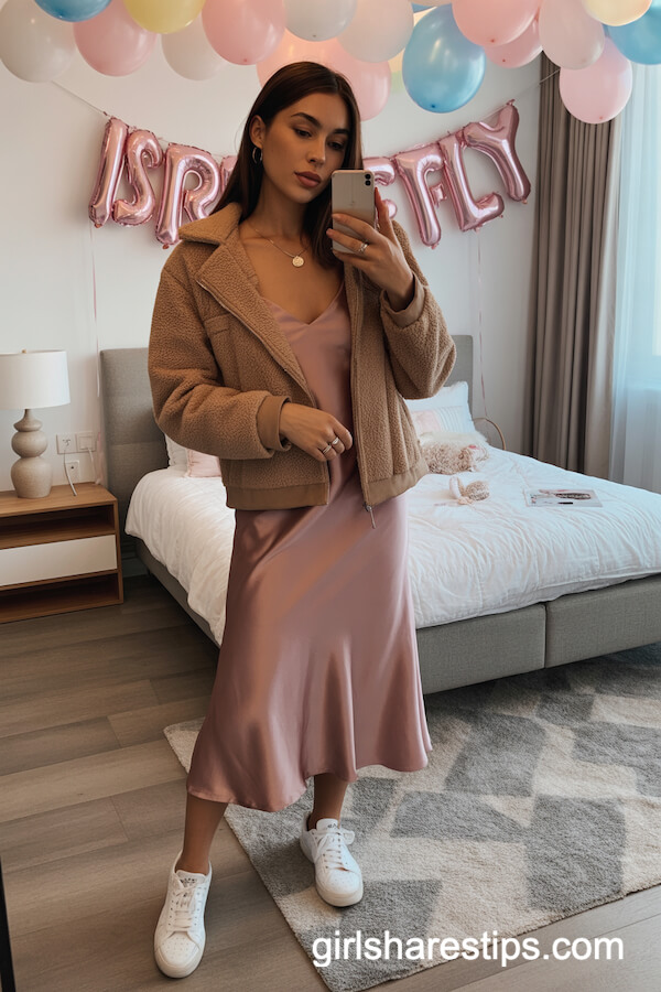 Mauve Satin Slip Dress with Teddy Jacket