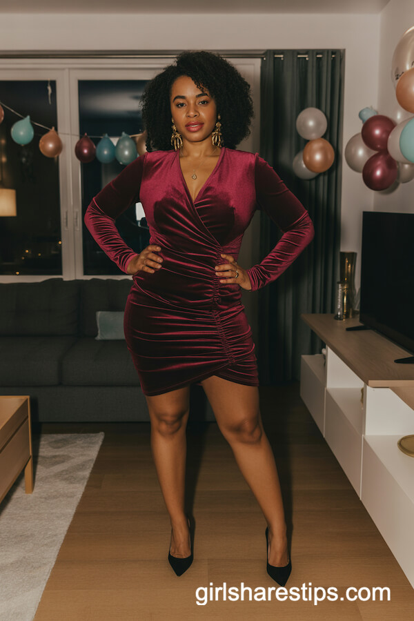 Ruched Burgundy Velvet Wrap Dress with Statement Earrings