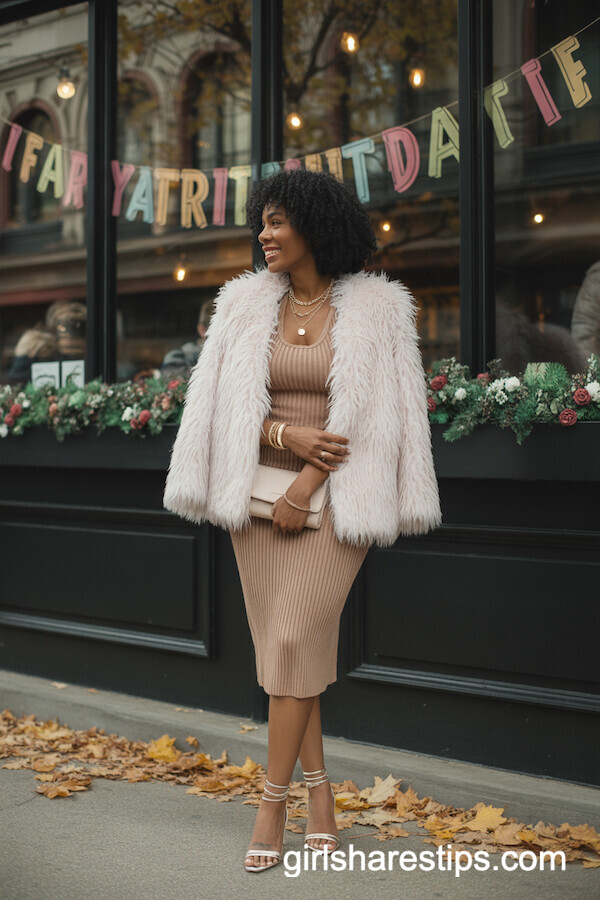 Midi Dress with White Faux Fur Coat