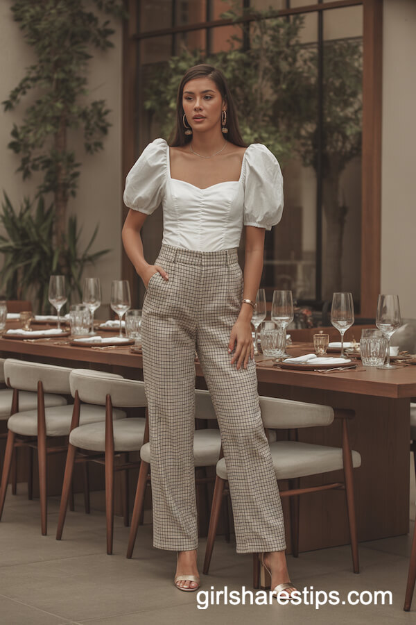 High-Waist Plaid Trousers with Puff Sleeve Top