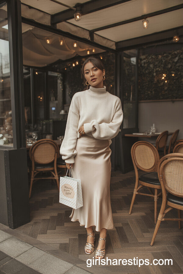 Champagne Satin Midi Skirt with Cream Sweater