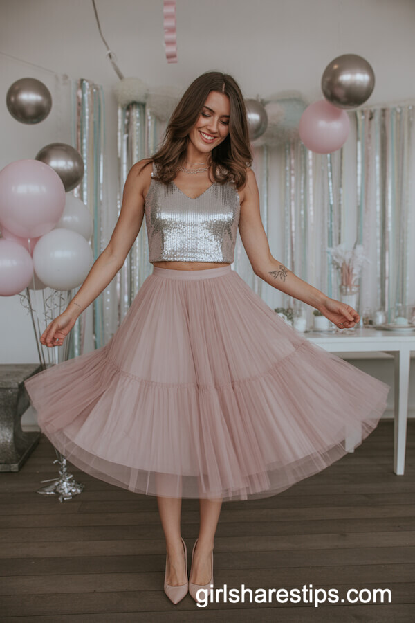 Pastel Pink Tulle Midi Skirt with Sequin Crop Top