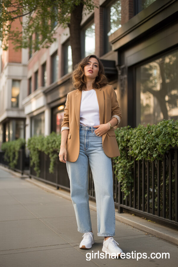Camel Blazer with White Tee and Light Jeans