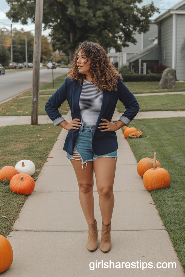Navy Blazer and Distressed Denim Shorts