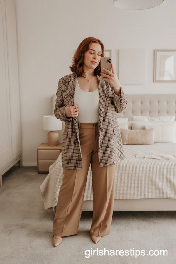 Checkered Blazer with Wide-Leg Trousers