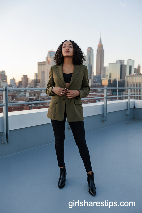 Belted Olive Blazer and Skinny Jeans
