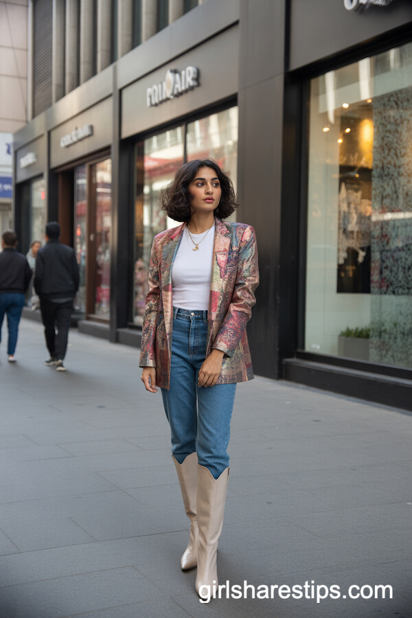 Colorful Patterned Blazer and Statement Boots
