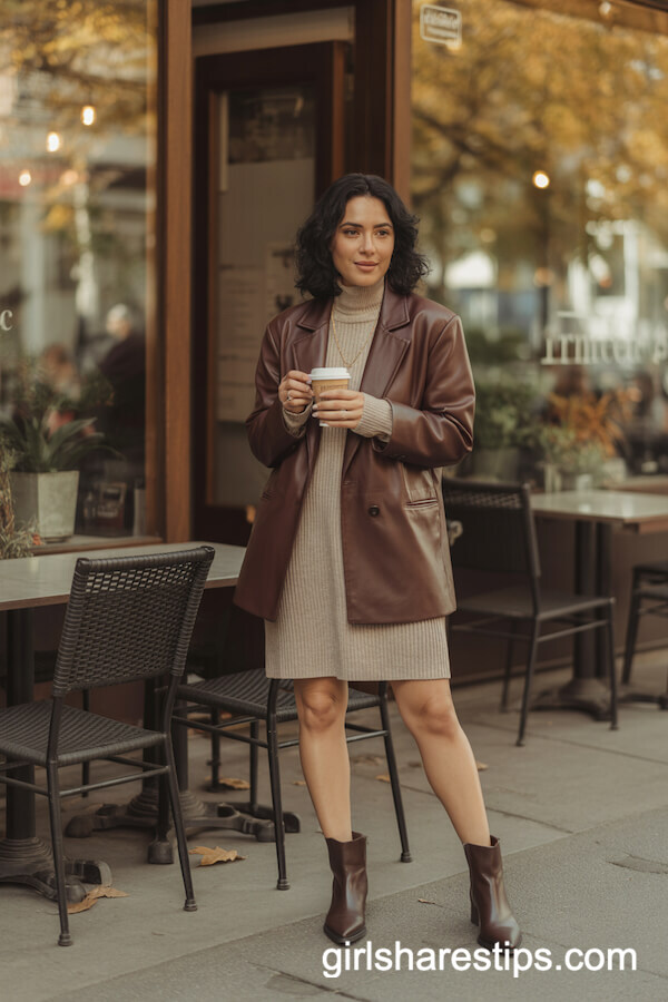 Brown Leather Blazer and Sweater Dress