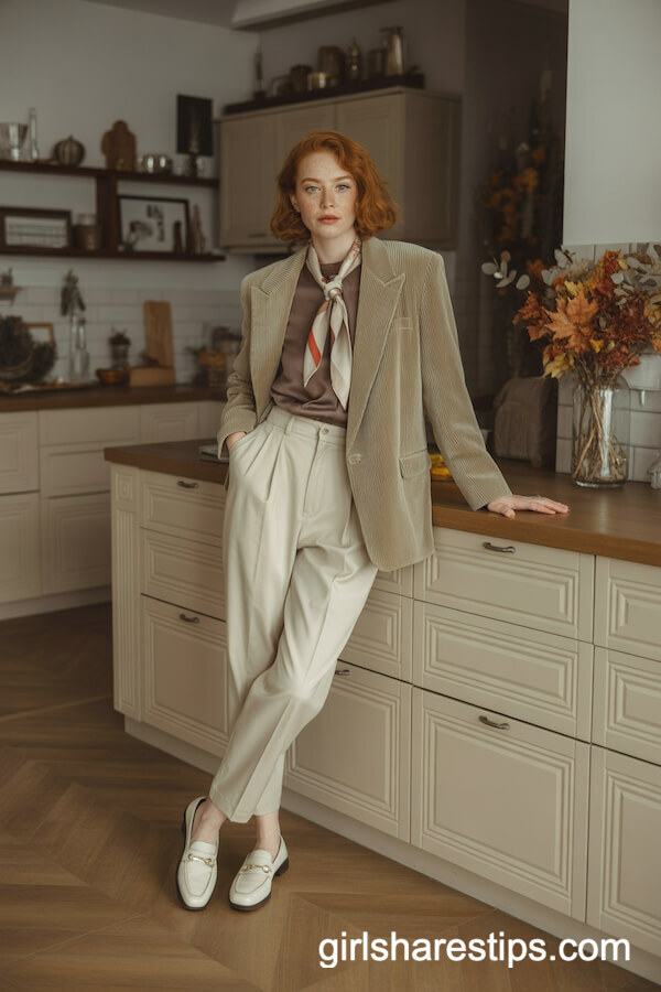 Classic Beige Blazer with Silk Scarf