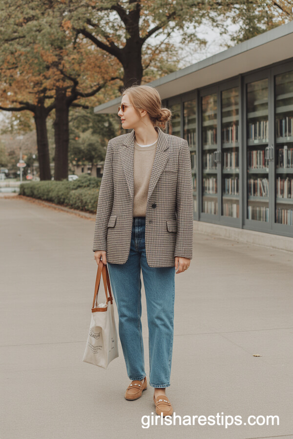 Tweed Blazer with Neutral Sweater