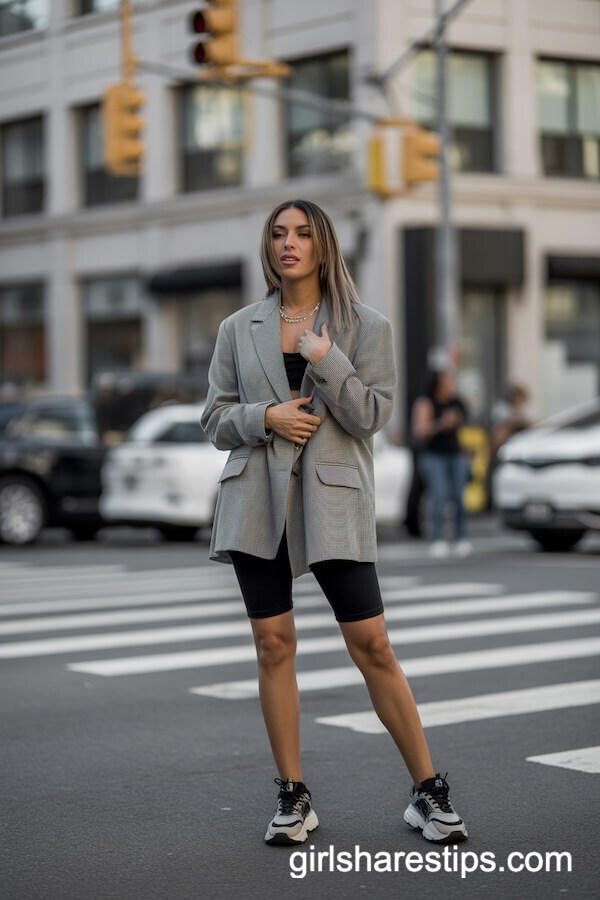 Oversized Gray Blazer and Biker Shorts