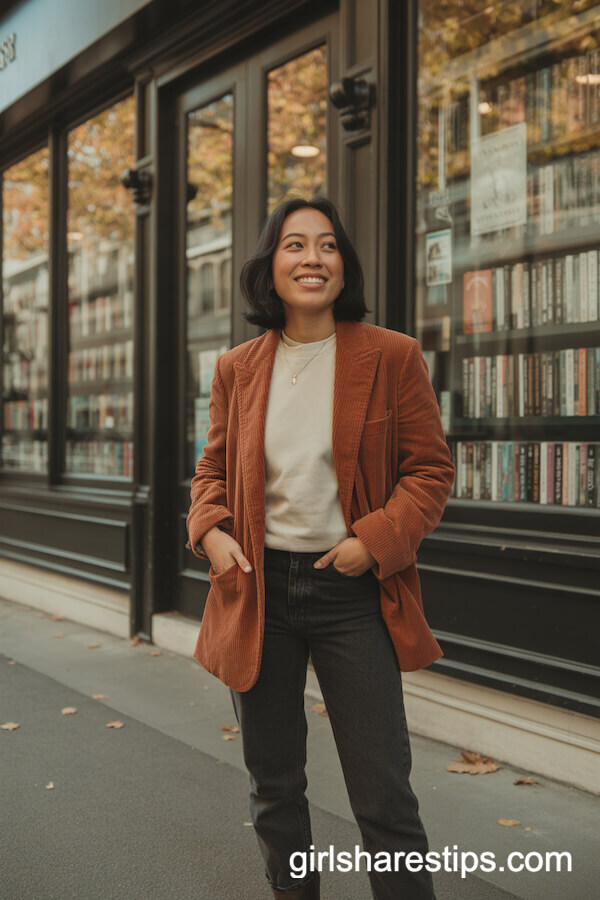 Rust Corduroy Blazer and Dark Denim