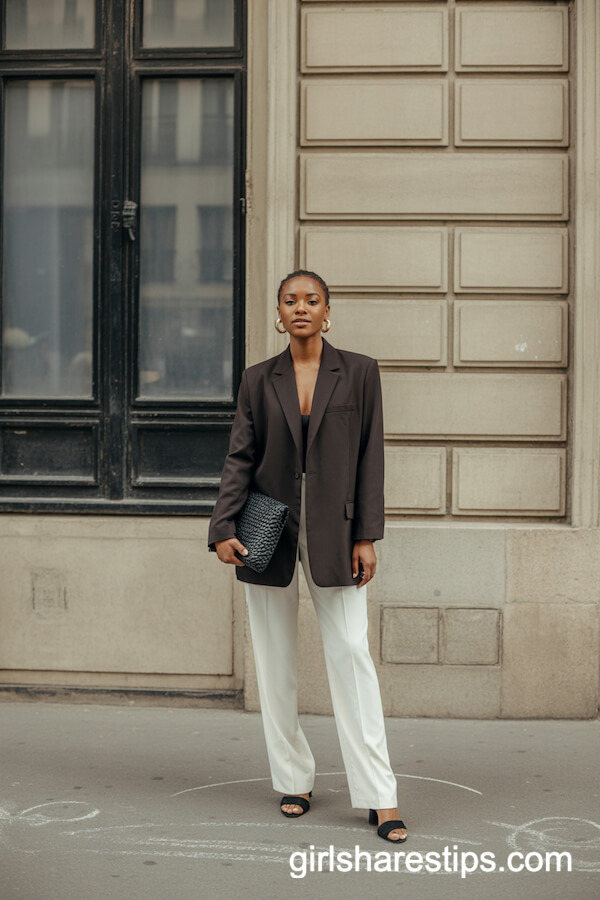 Dark Brown Blazer with White Trousers