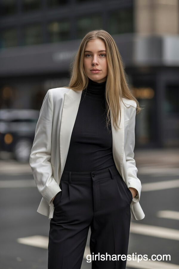 White Blazer and Black Turtleneck