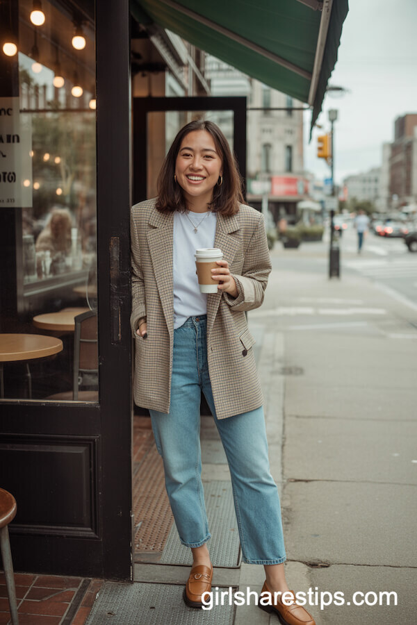 Beige Plaid Blazer and Blue Jeans