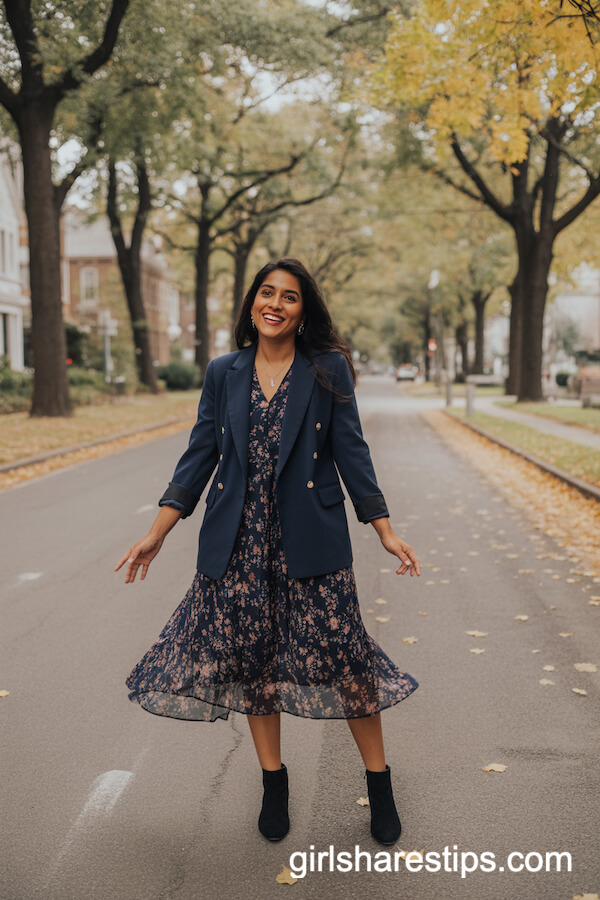 Navy Blazer Over Floral Midi Dress