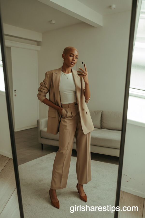 Beige Blazer Set with Ivory Top