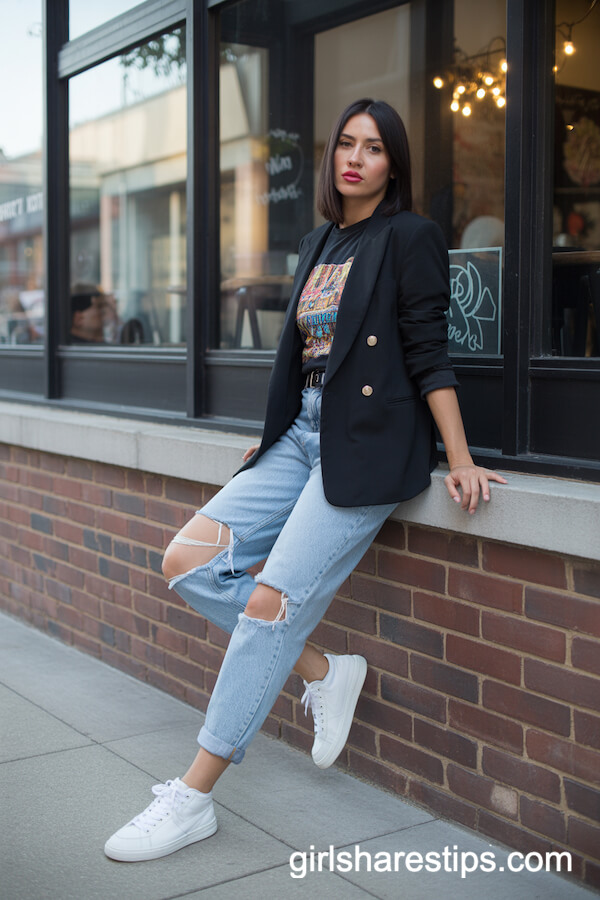Black Blazer with Graphic Tee and Mom Jeans