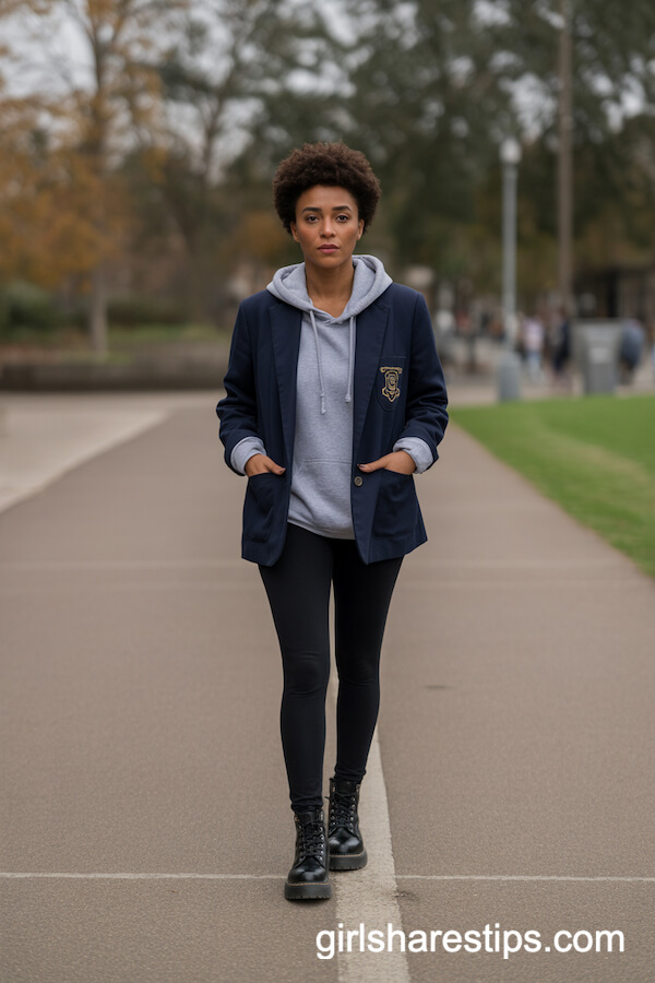 Navy Schoolboy Blazer and Black Leggings