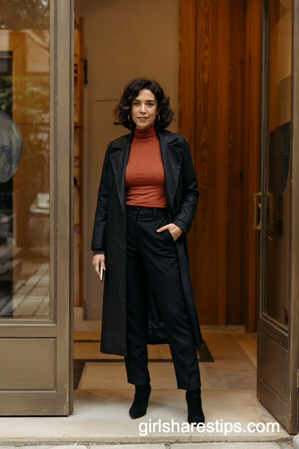 Charcoal Coat and Rust Turtleneck City-Ready Attire