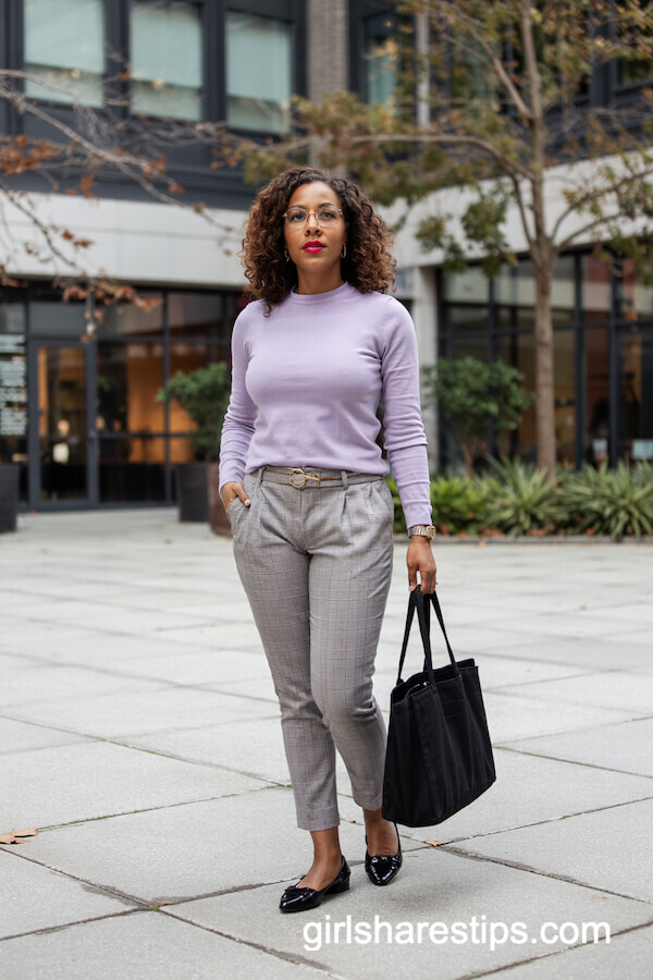 Lilac Fitted Sweater with Grey Plaid Ankle Pants