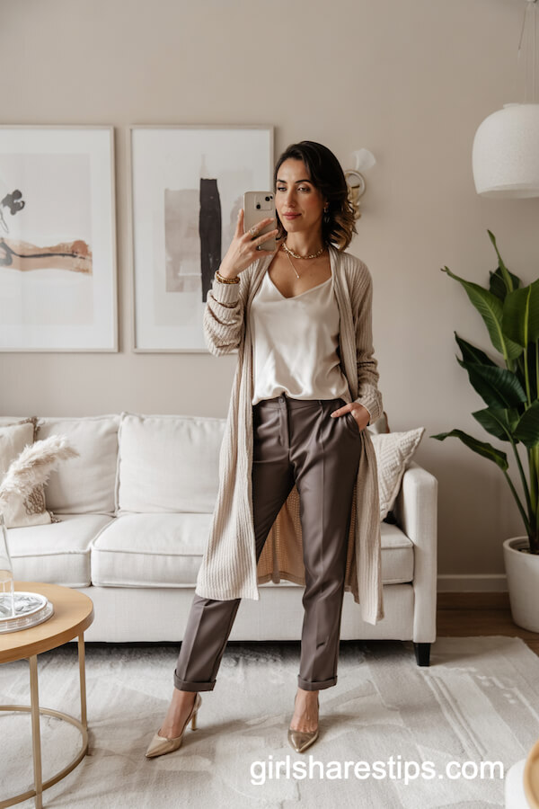 Long Beige Cardigan Over Silk Cami with Charcoal Trousers