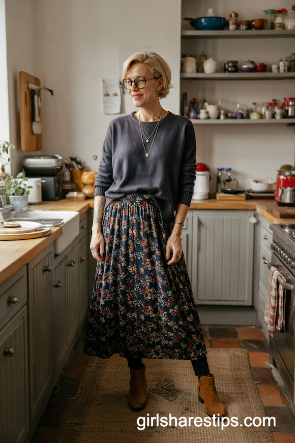 Navy Floral Midi Skirt with Cozy Cashmere Sweater