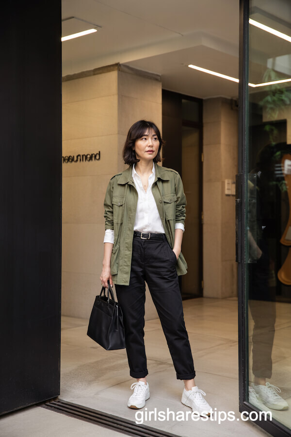 Olive Utility Jacket with Tapered Black Trousers