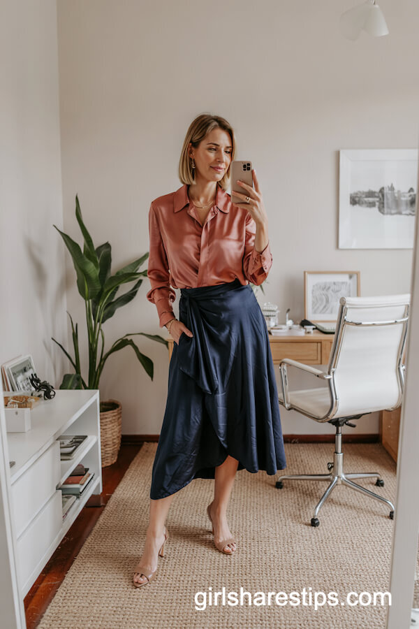 Coral Silk Blouse and Navy Wrap Midi Skirt Ensemble