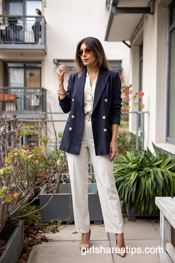 Navy Blazer, Cream Blouse, and White Tailored Pants Outfit