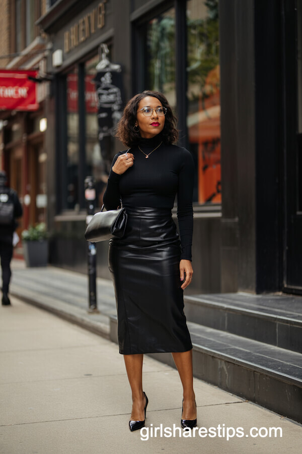 Monochrome Black Turtleneck and Midi Skirt Ensemble
