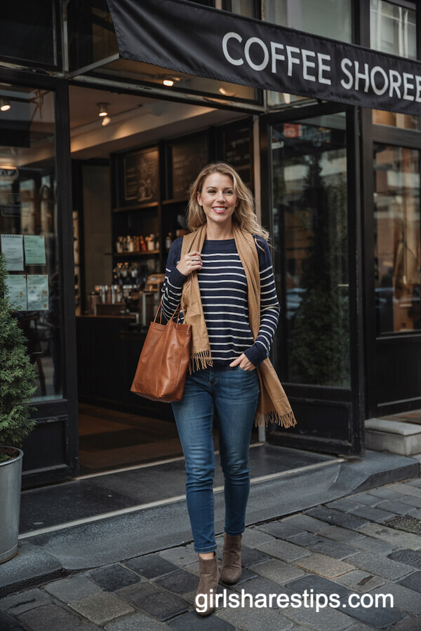 Navy and White Striped Sweater with Indigo Skinny Jeans