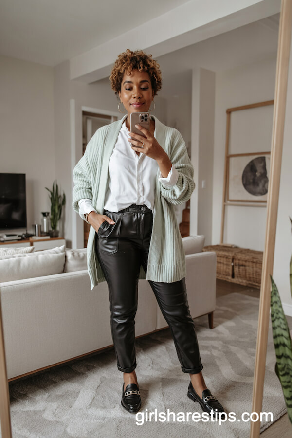 White Button-Down Under Sage Cardigan with Black Pants