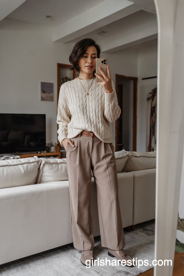 Cream Cable Knit Sweater with Taupe Wide-Leg Trousers