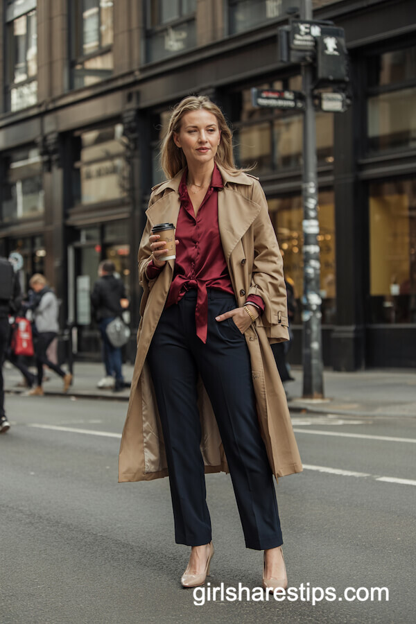 Camel Trench Coat Layered Over Burgundy and Navy Basics