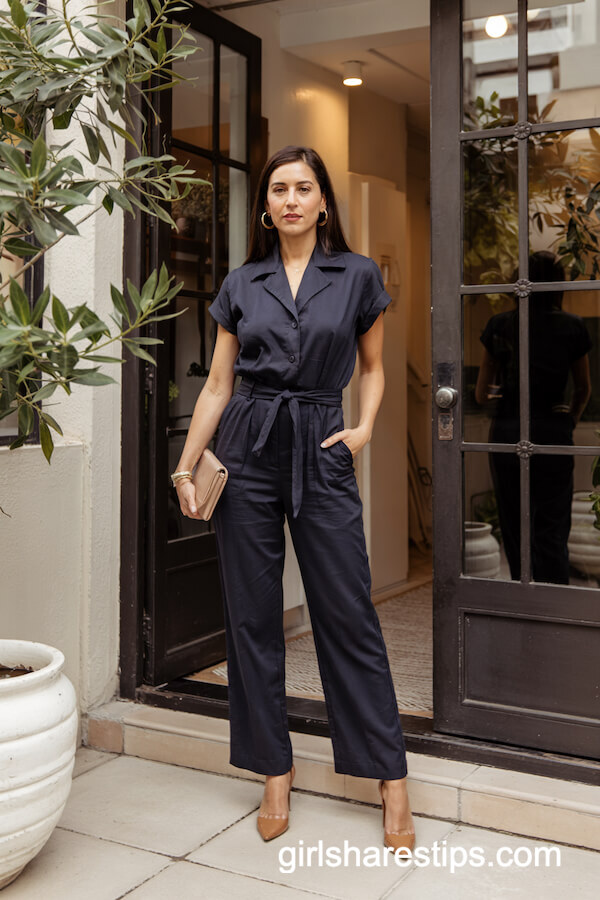 Navy Tailored Jumpsuit with Tan Heels for Effortless Chic