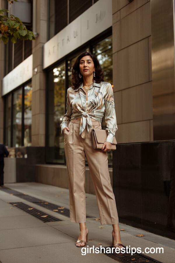 Printed Silk Blouse and Cropped Beige Trousers Combo