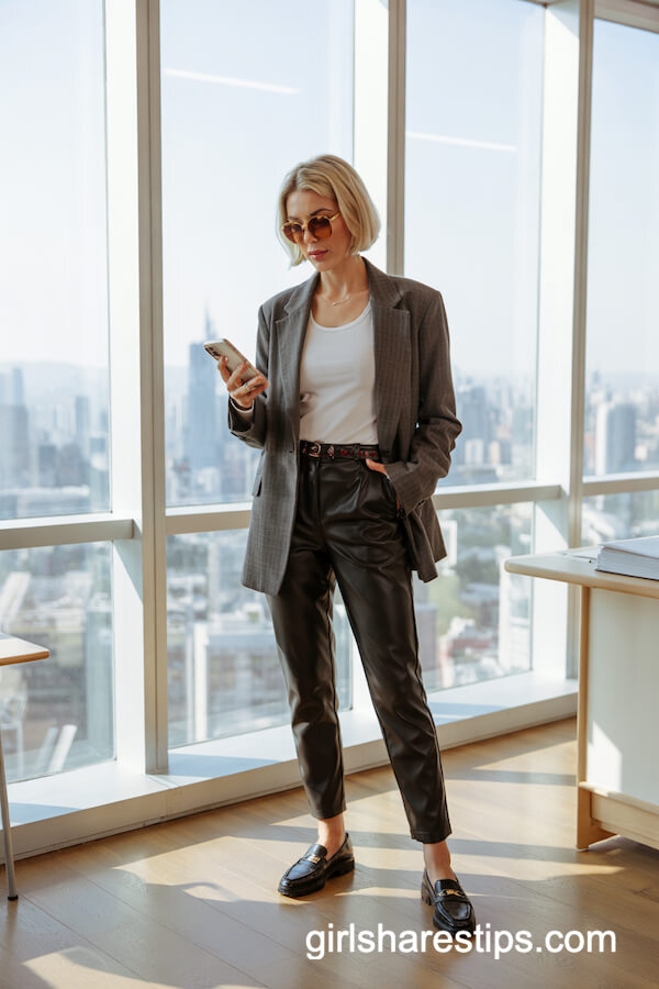 Oversized Grey Blazer and Faux Leather Pants Office Outfit