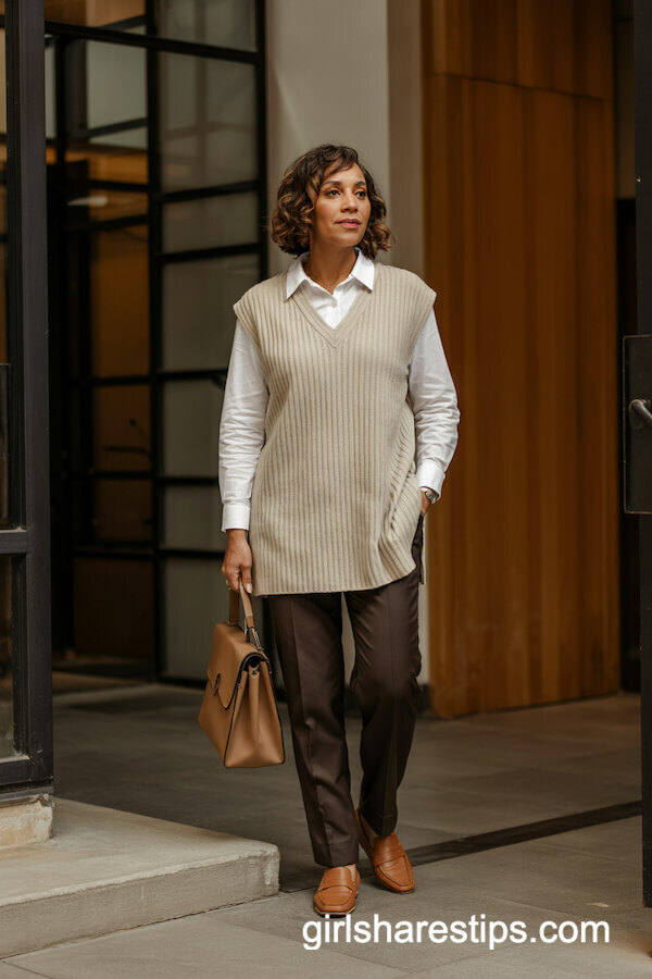 Sleeveless Sweater Vest Over Tailored Trousers