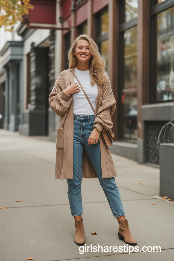 Beige Cardigan with Slim Jeans